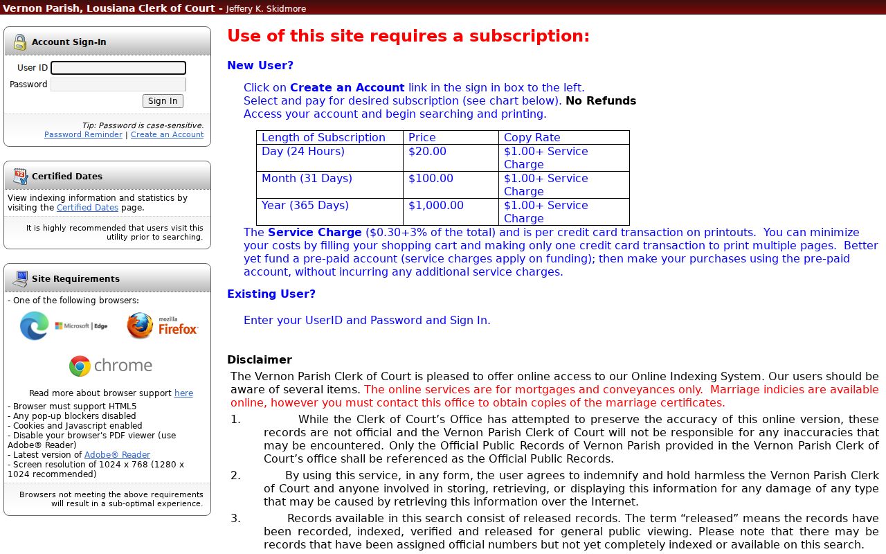 Vernon Parish Clerk land-record login page that is not a warrant records search