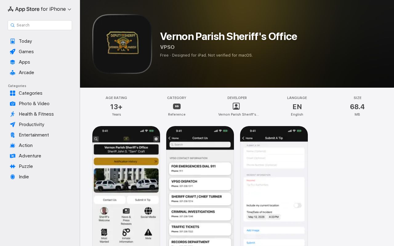 Vernon Parish Sheriff app listing used for tips and news, not warrant records lookup
