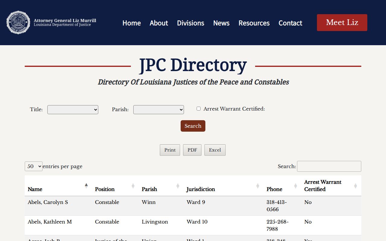Vernon Parish justice of the peace directory search used to locate bench warrant records courts