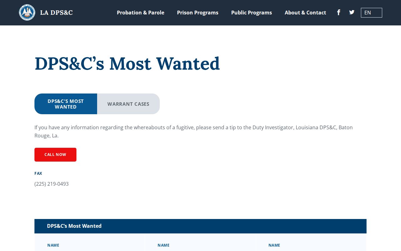 Vernon Parish most wanted program tip and fax interface without any published roster