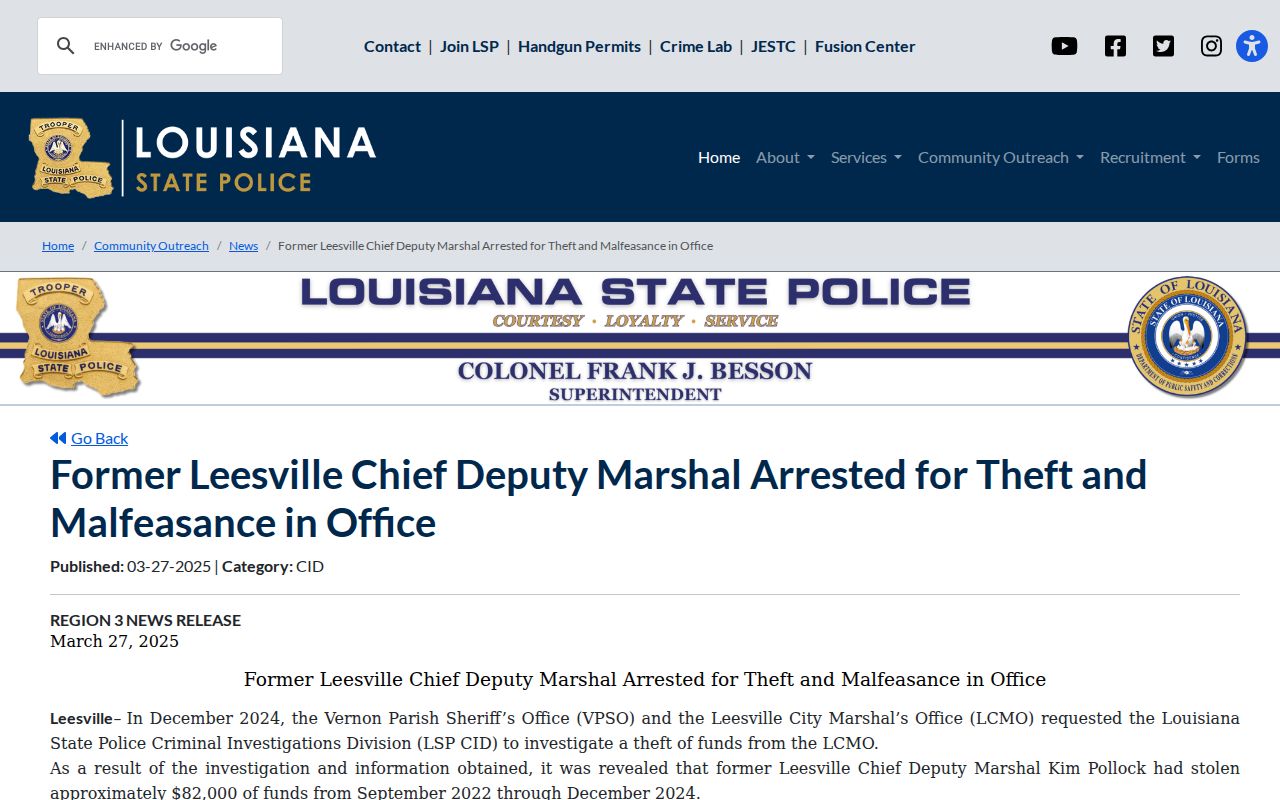 Vernon Parish law enforcement arrest warrant process example from a state police release