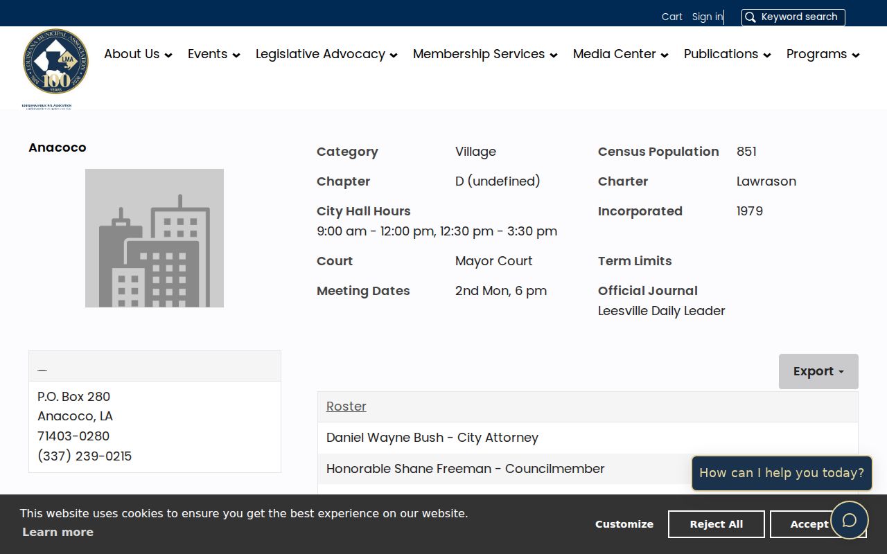 Anacoco municipal association profile listing Mayor's Court and warrant records contacts